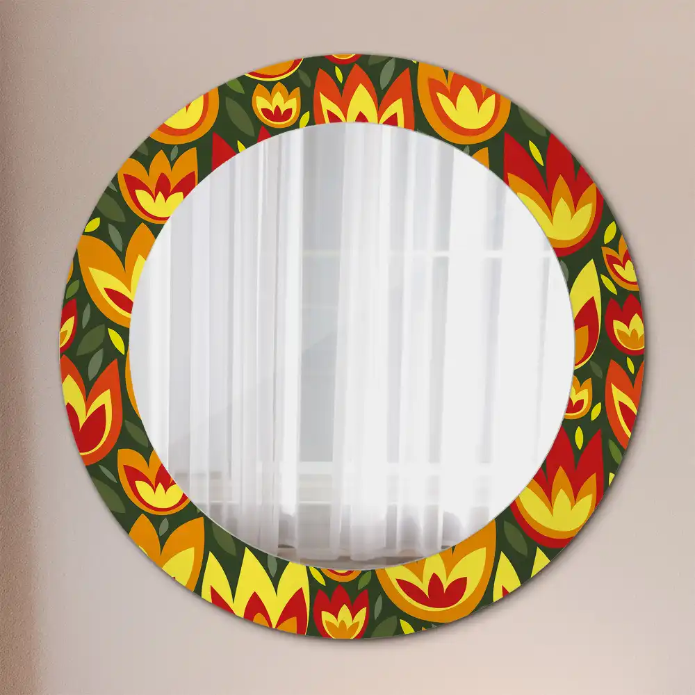 Oglindă rotundă decorativă cu model retro lalele