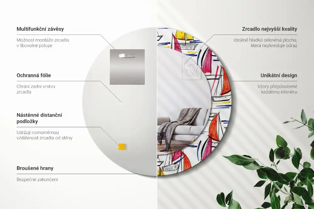 Oglindă rotundă cu imprimeu bărci colorate