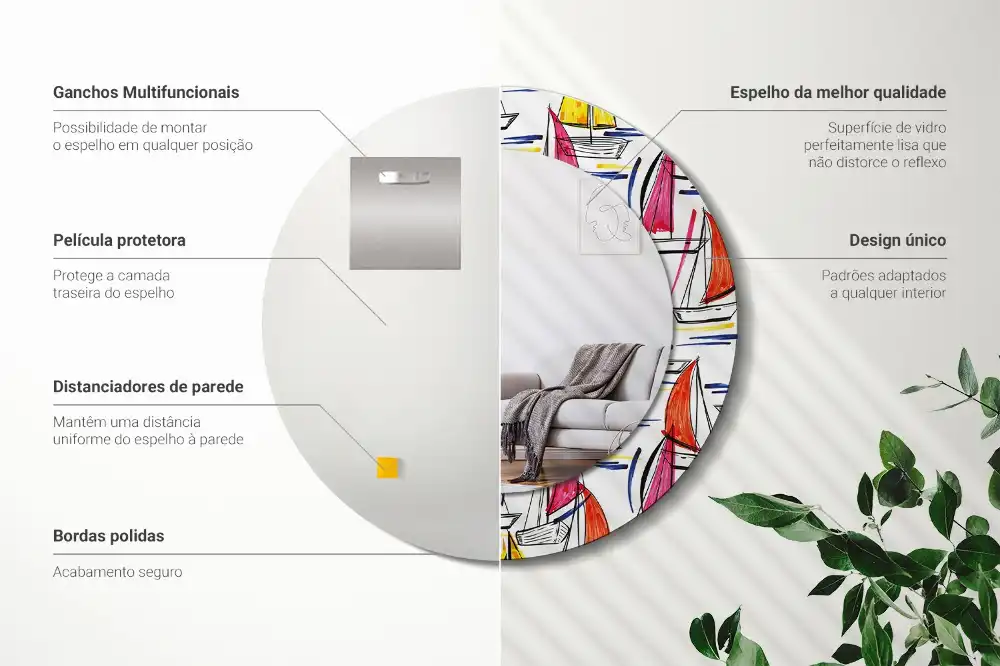 Oglindă rotundă cu imprimeu bărci colorate