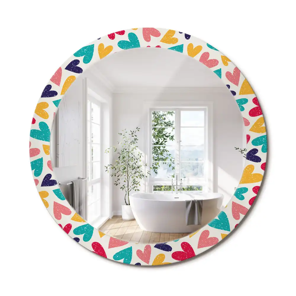 Oglindă rotundă cu ramă imprimeu inimioare colorate