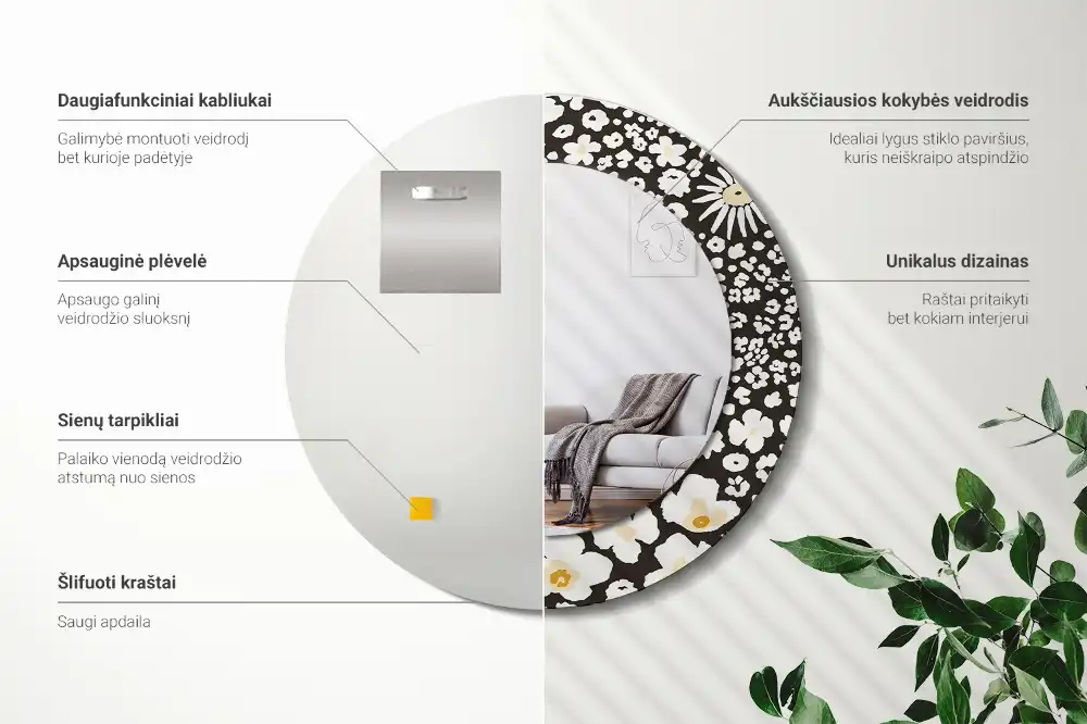 Oglindă decorativă rotundă cu margarete