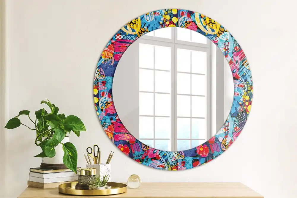 Oglindă decorativă rotundă cu design mâzgăleli colorate