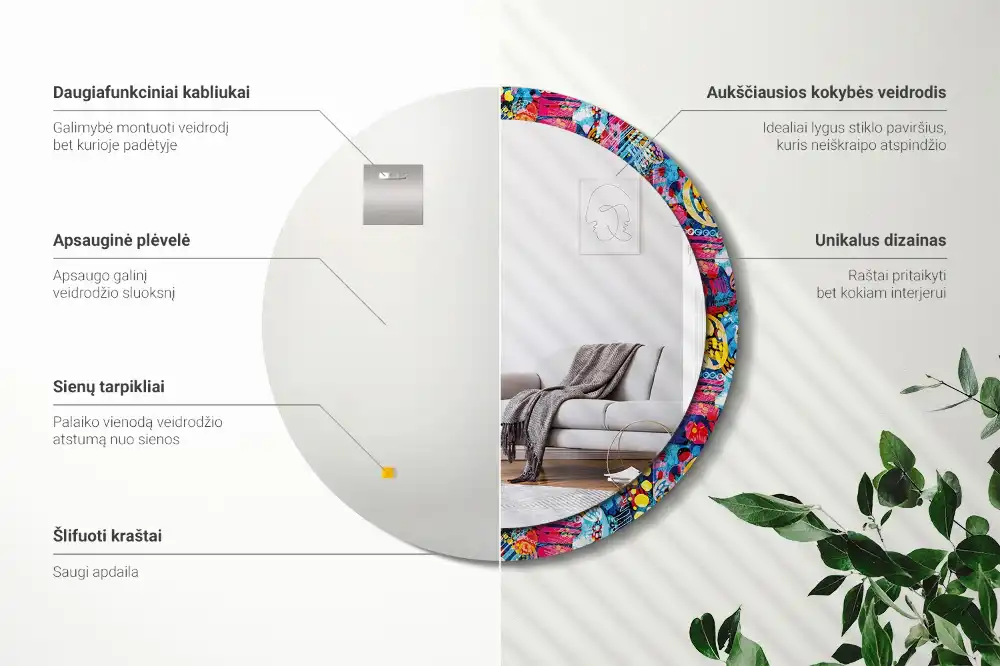 Oglindă decorativă rotundă cu design mâzgăleli colorate