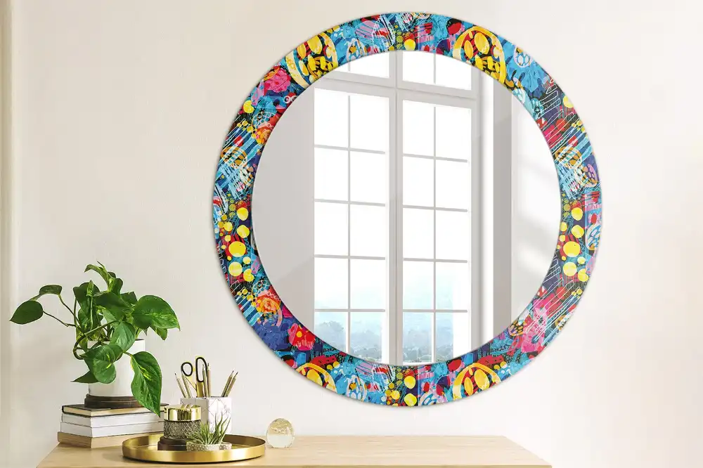 Oglindă decorativă rotundă cu design mâzgăleli colorate