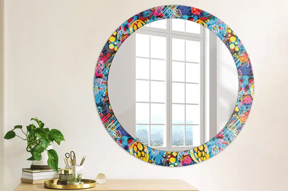 Oglindă decorativă rotundă cu design mâzgăleli colorate