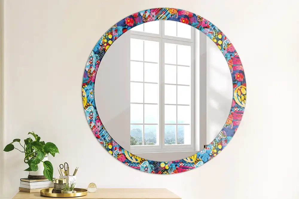 Oglindă decorativă rotundă cu design mâzgăleli colorate
