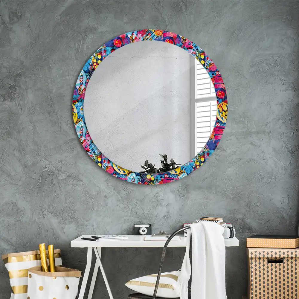 Oglindă decorativă rotundă cu design mâzgăleli colorate
