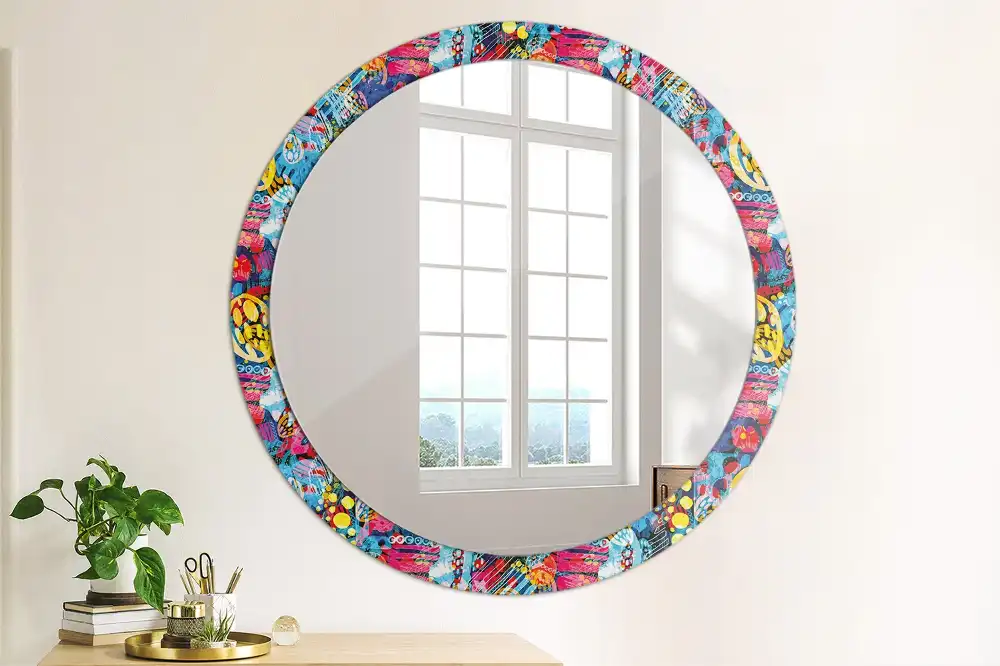 Oglindă decorativă rotundă cu design mâzgăleli colorate