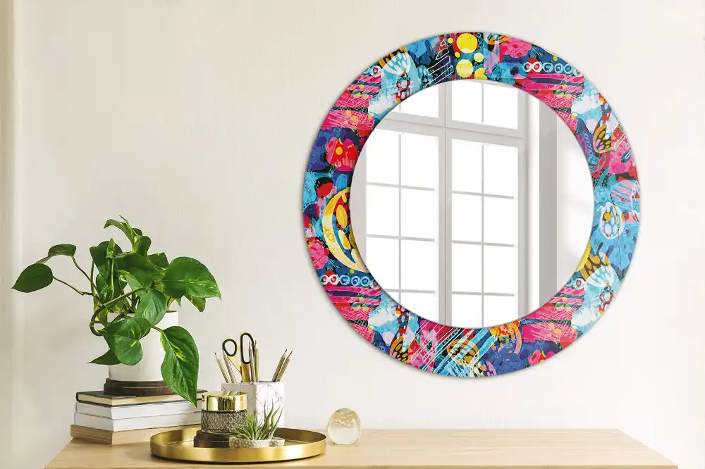 Oglindă decorativă rotundă cu design mâzgăleli colorate