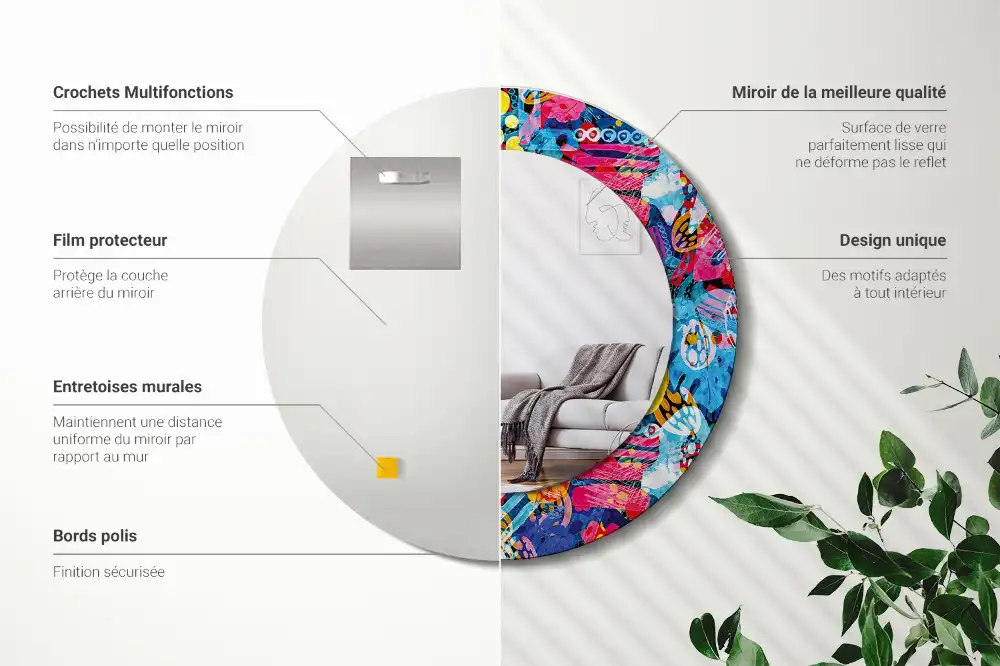 Oglindă decorativă rotundă cu design mâzgăleli colorate