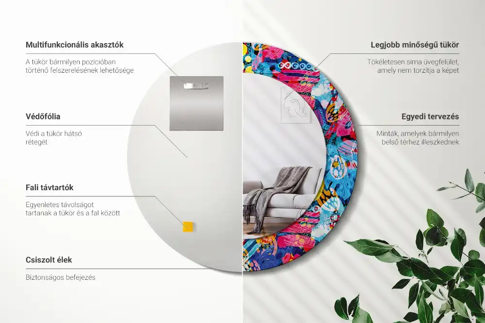 Oglindă decorativă rotundă cu design mâzgăleli colorate