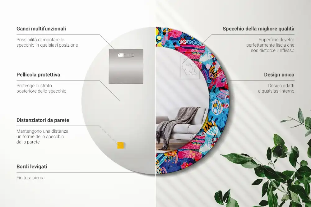 Oglindă decorativă rotundă cu design mâzgăleli colorate
