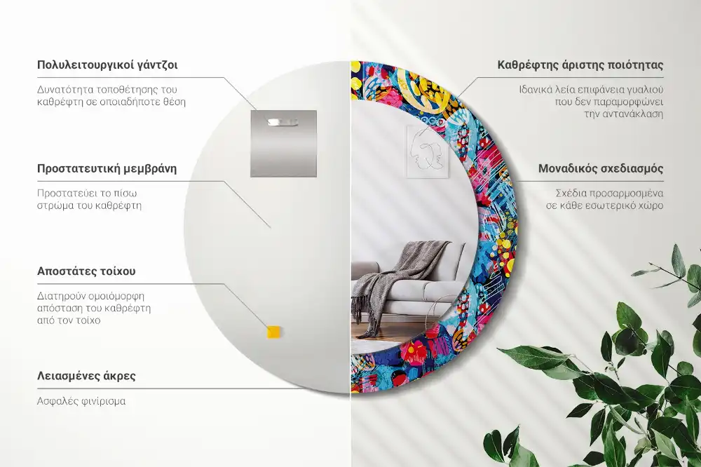 Oglindă decorativă rotundă cu design mâzgăleli colorate
