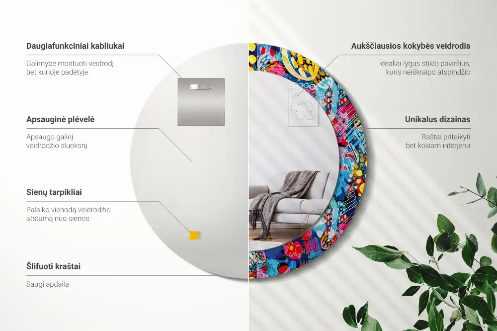Oglindă decorativă rotundă cu design mâzgăleli colorate