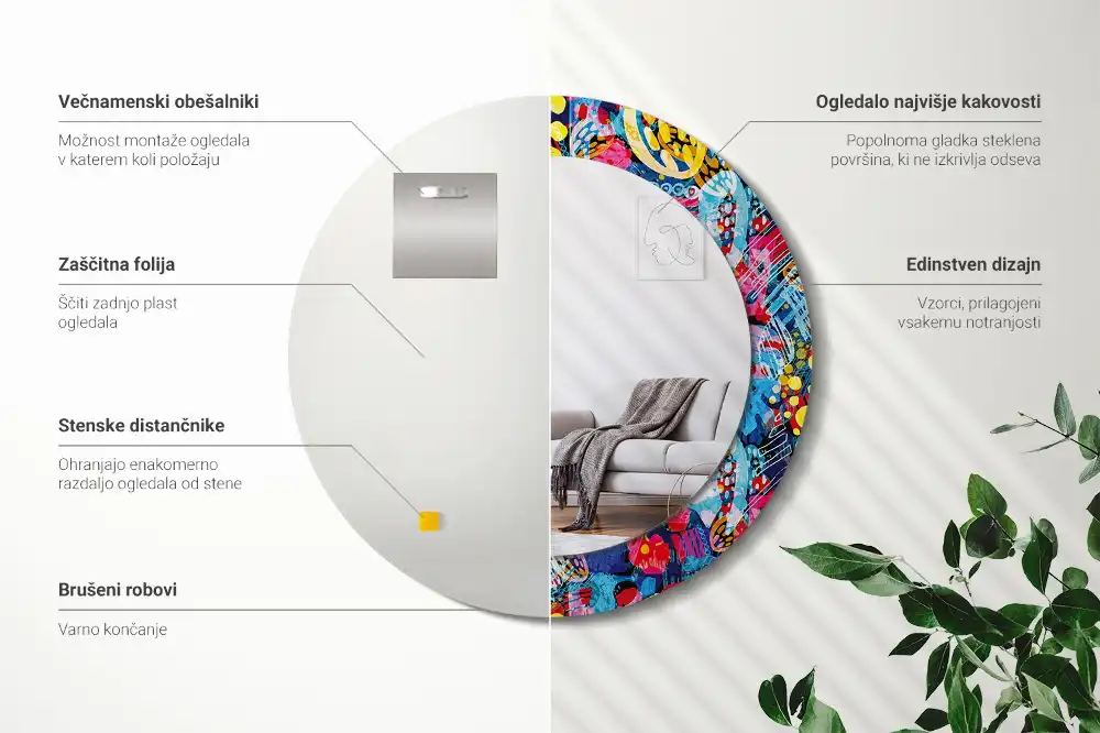 Oglindă decorativă rotundă cu design mâzgăleli colorate