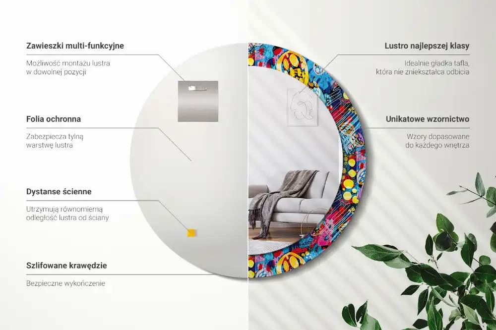 Oglindă decorativă rotundă cu design mâzgăleli colorate