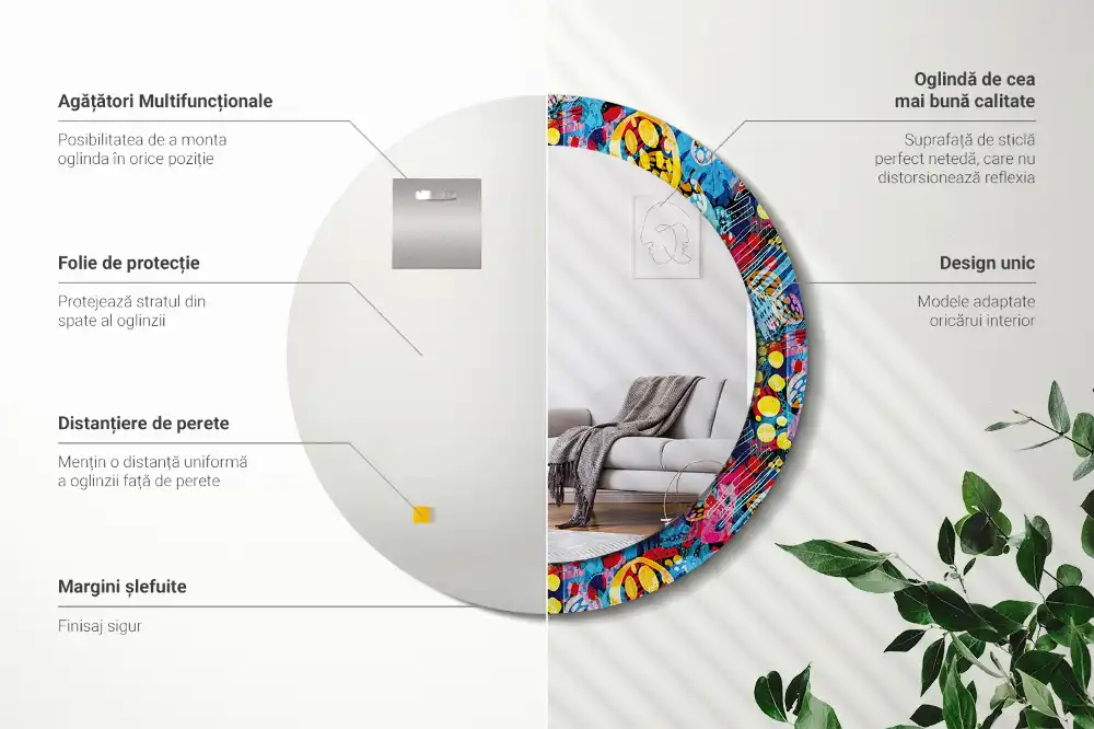 Oglindă decorativă rotundă cu design mâzgăleli colorate