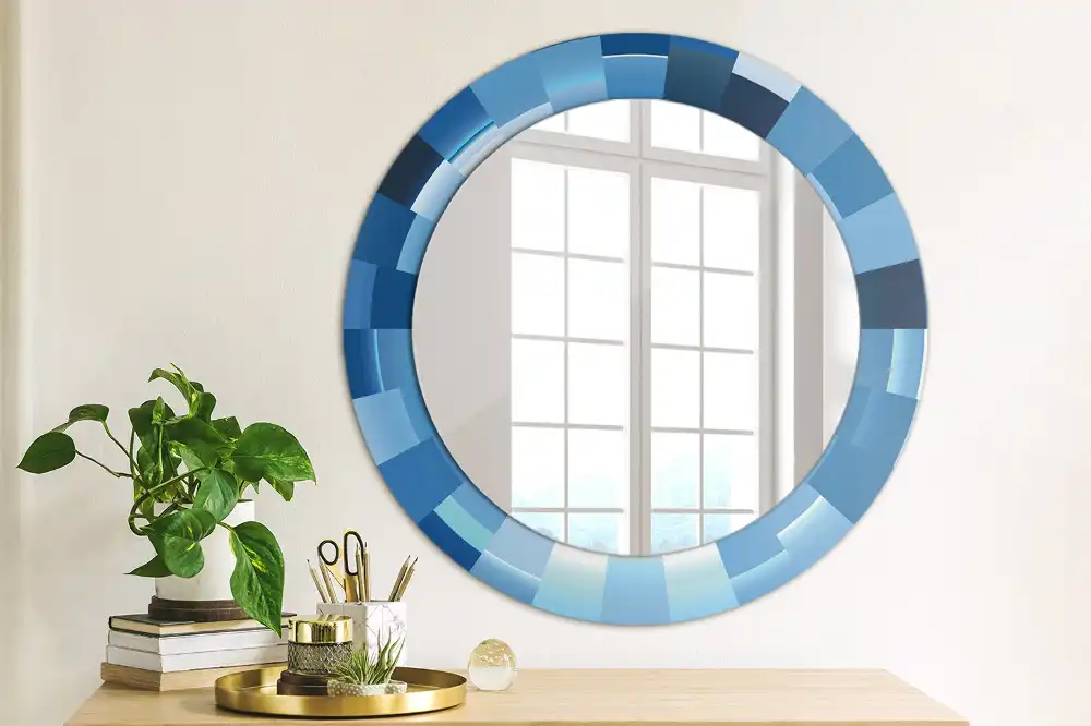 Oglindă rotundă decorativă de perete cu model abstract albastru