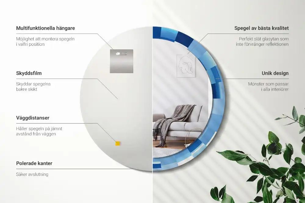 Oglindă rotundă decorativă de perete cu model abstract albastru
