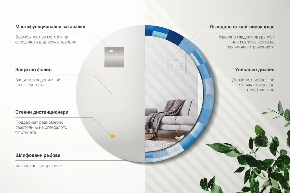 Oglindă rotundă decorativă de perete cu model abstract albastru