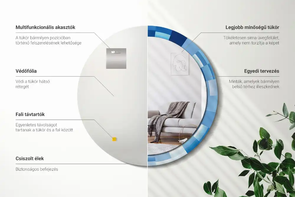 Oglindă rotundă decorativă de perete cu model abstract albastru