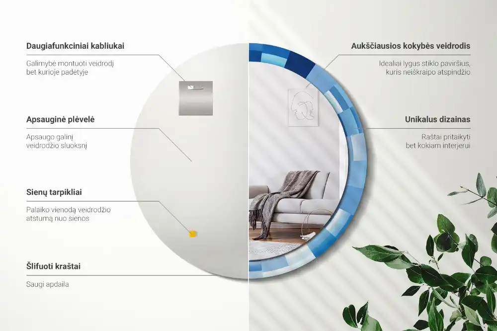 Oglindă rotundă decorativă de perete cu model abstract albastru