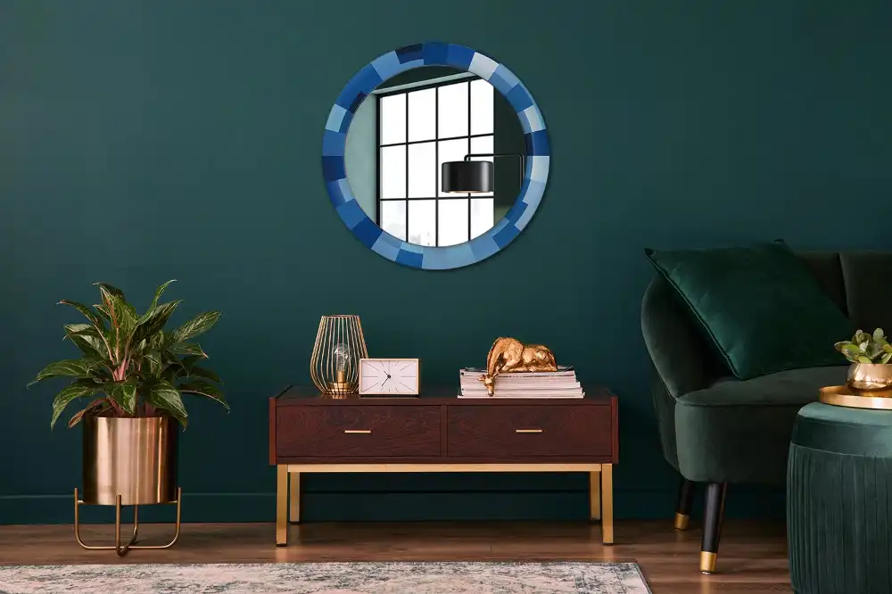 Oglindă rotundă decorativă de perete cu model abstract albastru