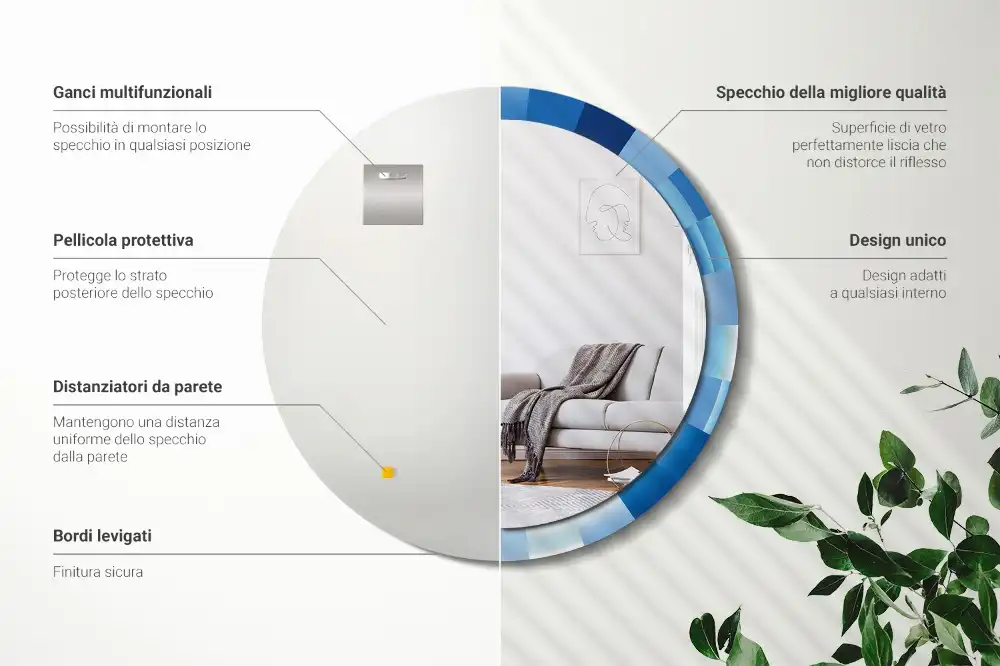 Oglindă rotundă decorativă de perete cu model abstract albastru