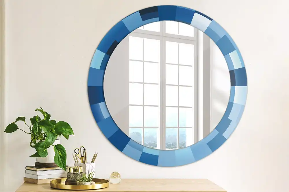 Oglindă rotundă decorativă de perete cu model abstract albastru