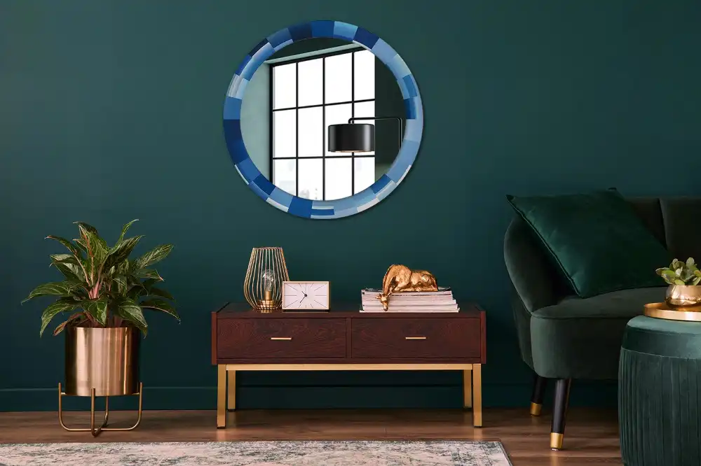 Oglindă rotundă decorativă de perete cu model abstract albastru