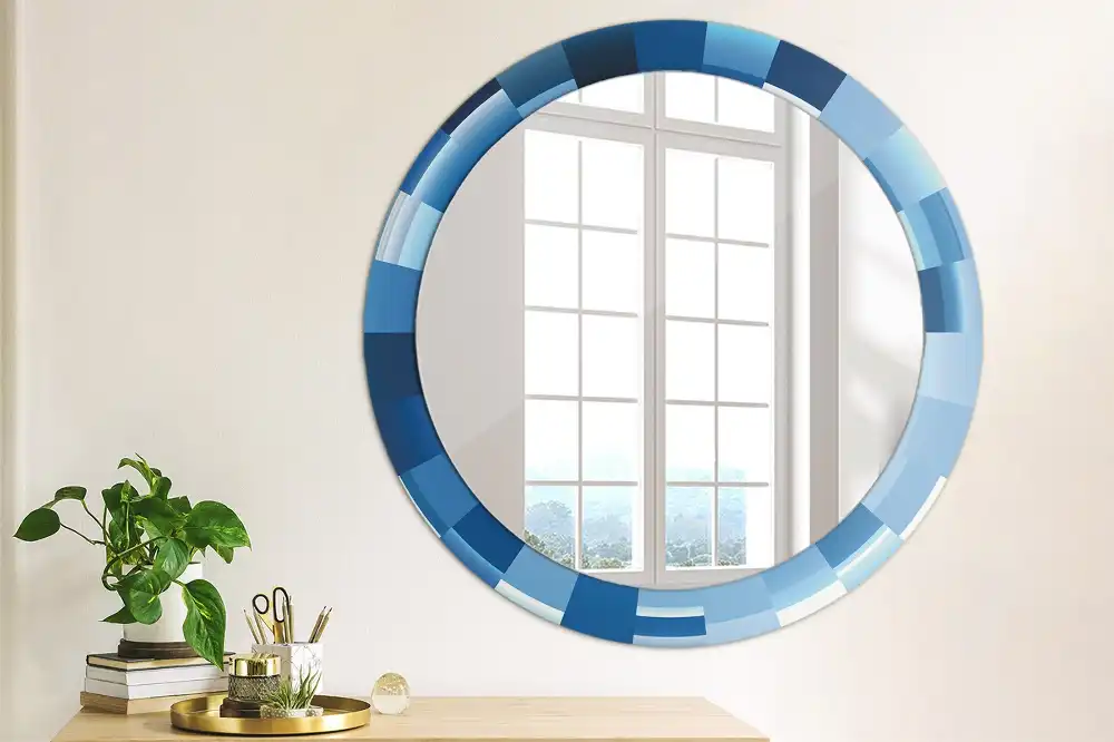 Oglindă rotundă decorativă de perete cu model abstract albastru