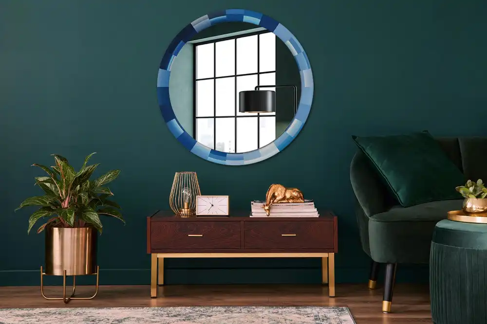 Oglindă rotundă decorativă de perete cu model abstract albastru