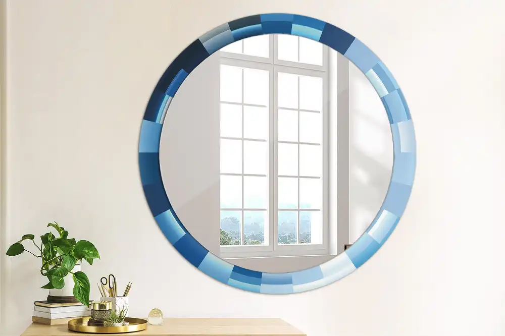 Oglindă rotundă decorativă de perete cu model abstract albastru
