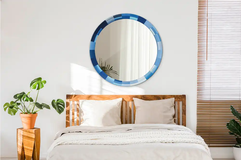 Oglindă rotundă decorativă de perete cu model abstract albastru
