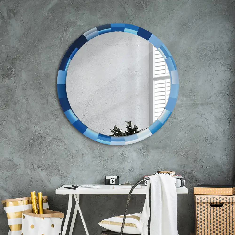 Oglindă rotundă decorativă de perete cu model abstract albastru