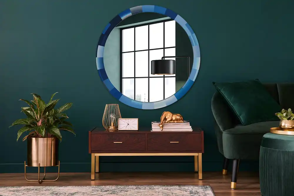 Oglindă rotundă decorativă de perete cu model abstract albastru