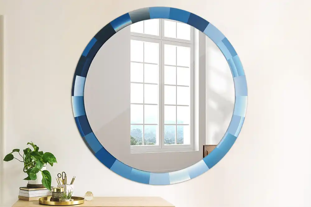 Oglindă rotundă decorativă de perete cu model abstract albastru