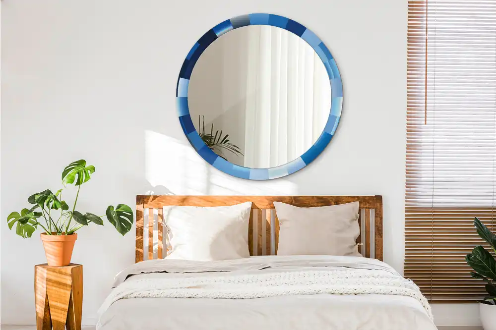 Oglindă rotundă decorativă de perete cu model abstract albastru