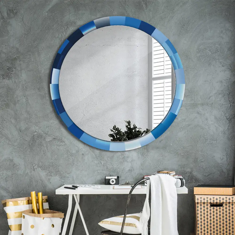 Oglindă rotundă decorativă de perete cu model abstract albastru