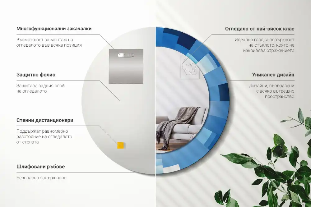 Oglindă rotundă decorativă de perete cu model abstract albastru