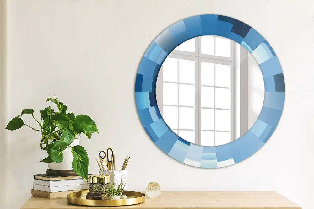 Oglindă rotundă decorativă de perete cu model abstract albastru