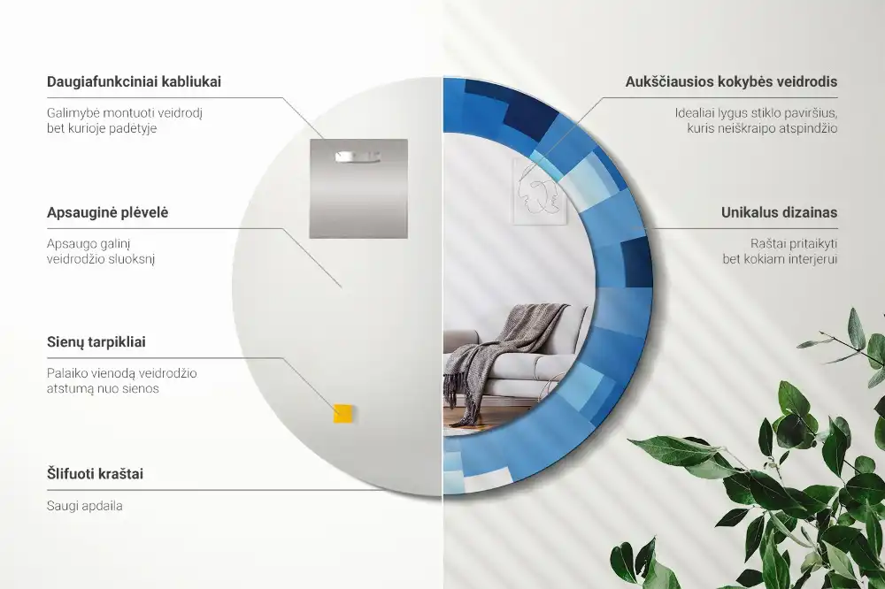 Oglindă rotundă decorativă de perete cu model abstract albastru