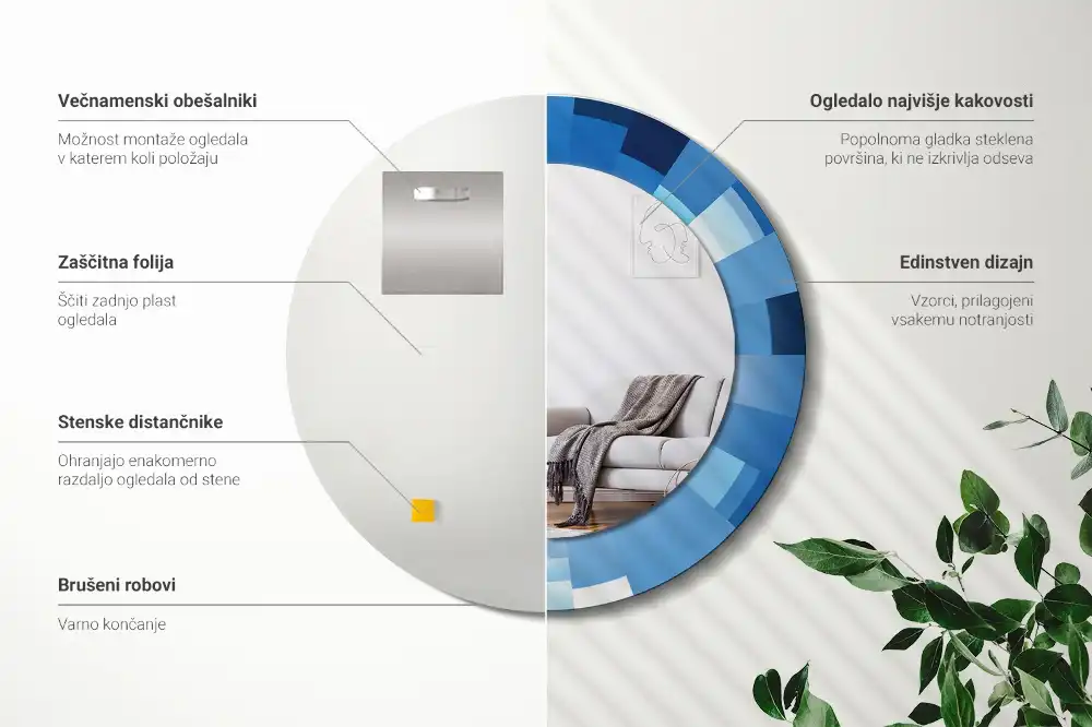 Oglindă rotundă decorativă de perete cu model abstract albastru