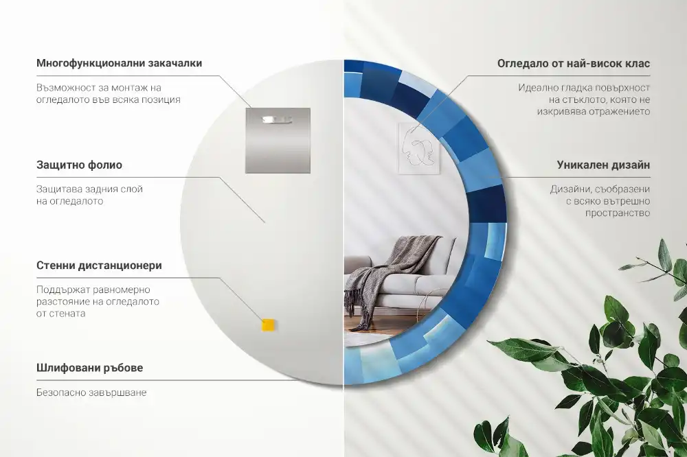 Oglindă rotundă decorativă de perete cu model abstract albastru