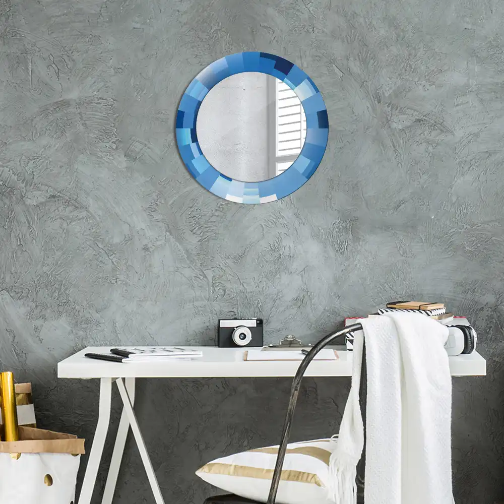 Oglindă rotundă decorativă de perete cu model abstract albastru
