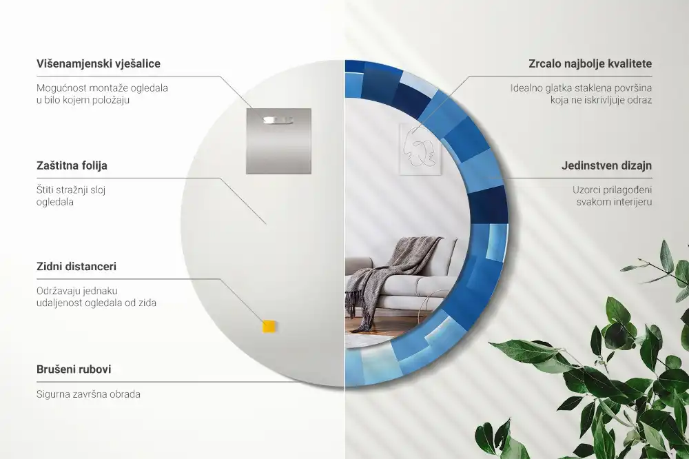 Oglindă rotundă decorativă de perete cu model abstract albastru
