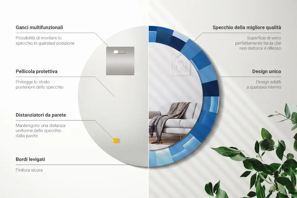 Oglindă rotundă decorativă de perete cu model abstract albastru