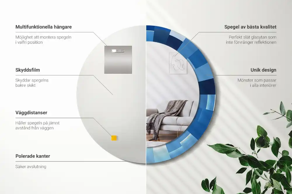 Oglindă rotundă decorativă de perete cu model abstract albastru