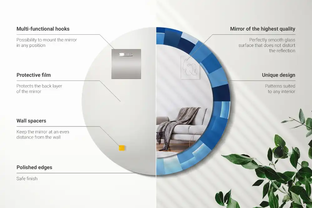 Oglindă rotundă decorativă de perete cu model abstract albastru