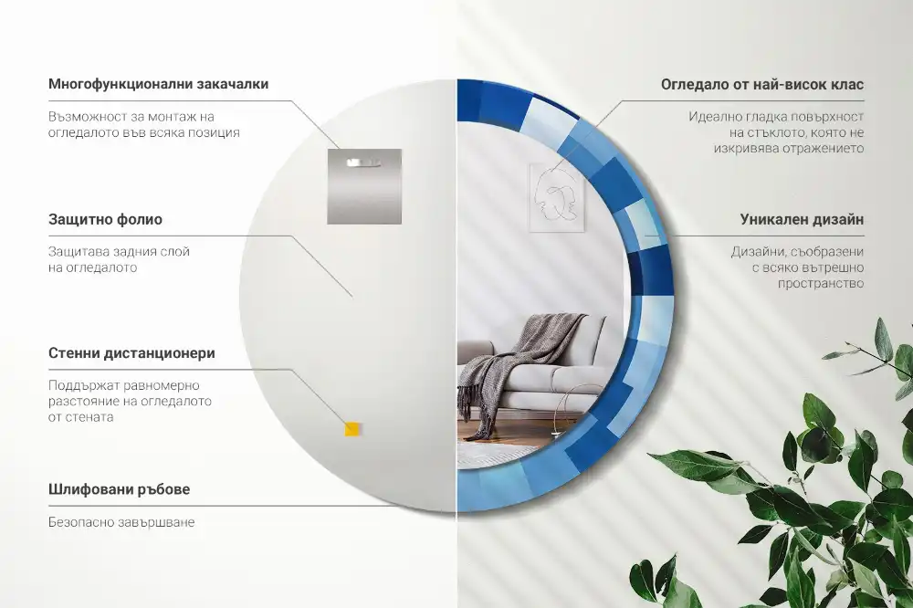 Oglindă rotundă decorativă de perete cu model abstract albastru